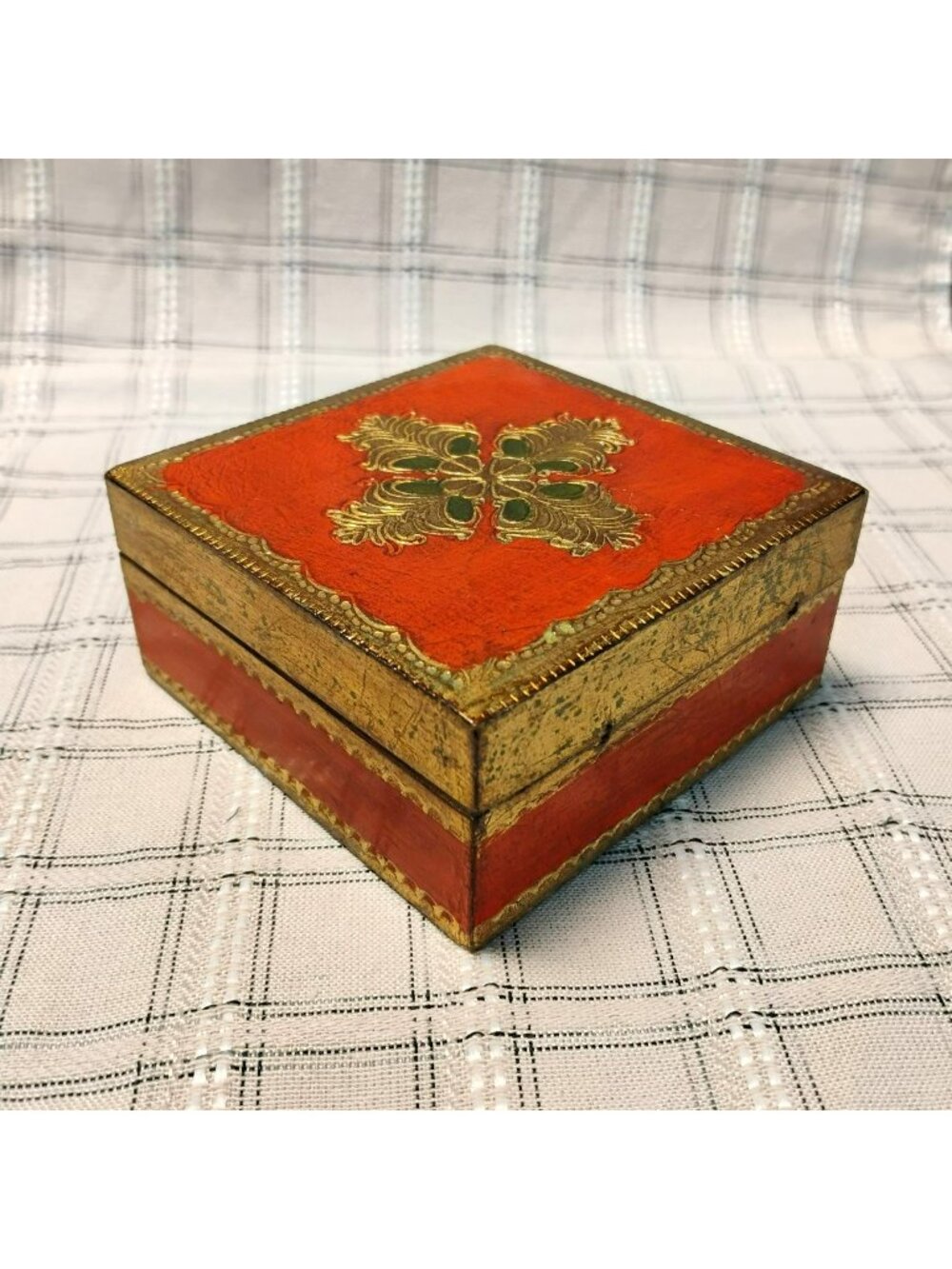Vintage Italian Florentine Wood Box, Gold Leaf, Orange Red Mid Century Trinket